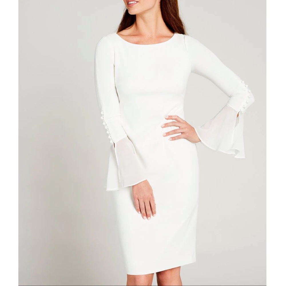 Calvin Klein White Chiffon Long Sheer Bell Sleeve Round
Neck Sheath Dress